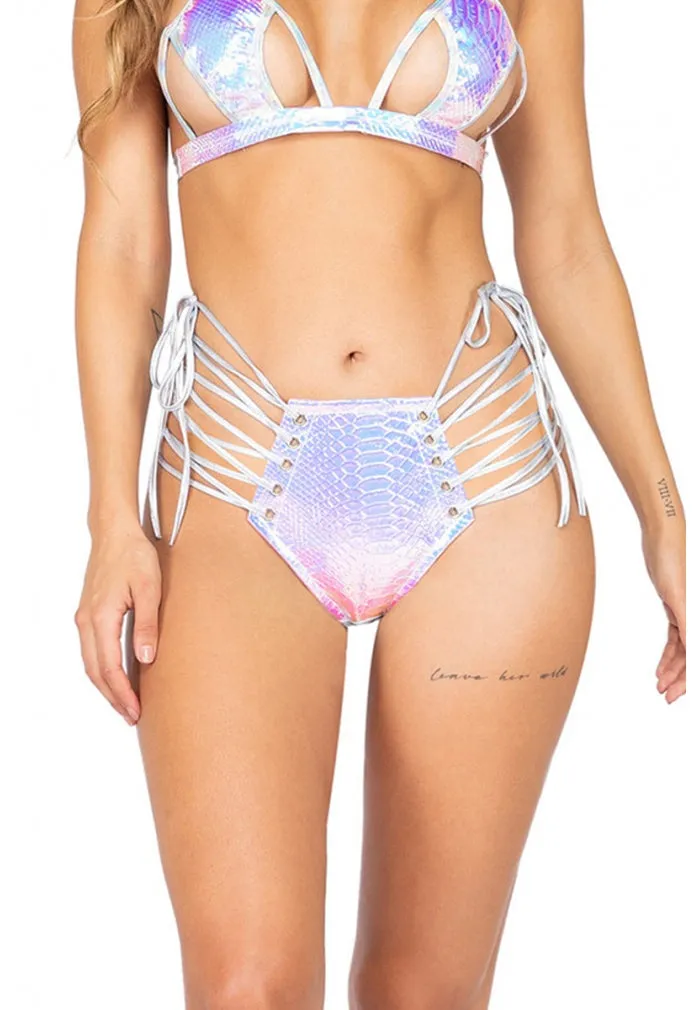 Holographic Snake Lace-Up High Waisted Shorts