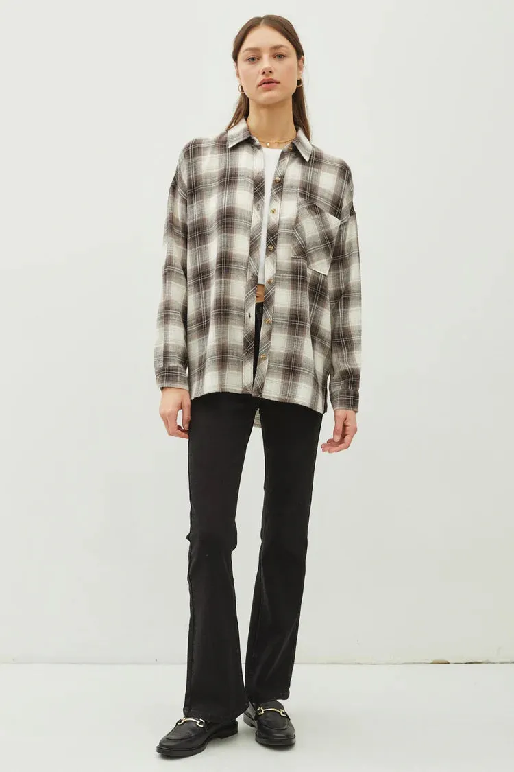 Juliette Oversize Flannel Long Sleeve Top Charcoal