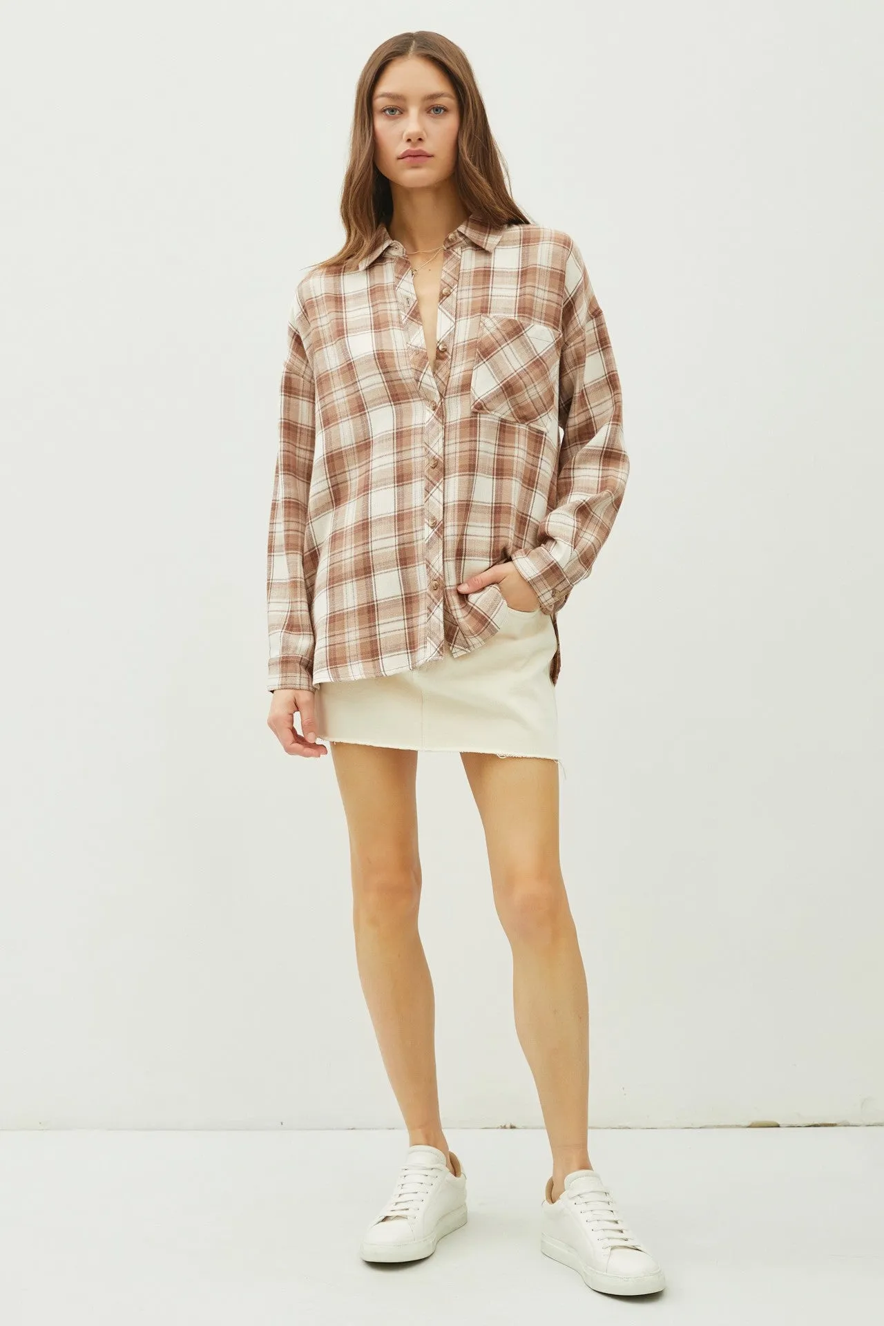 Juliette Oversize Flannel Long Sleeve Top Mocha