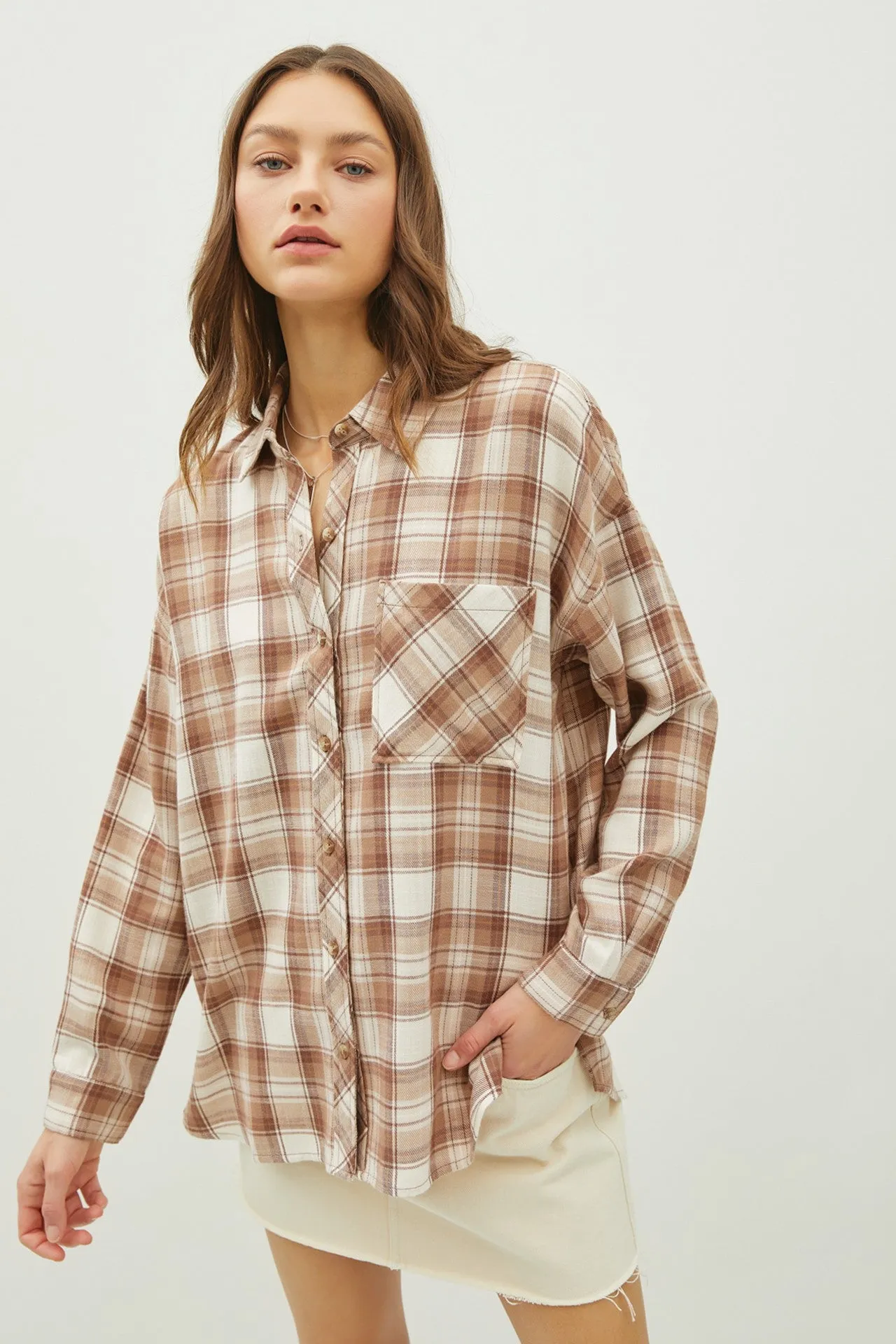 Juliette Oversize Flannel Long Sleeve Top Mocha