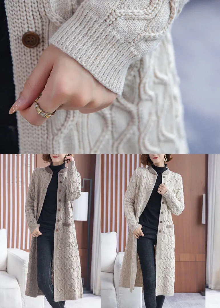 Khaki Thick Knit Long Cardigans Button Pockets Winter