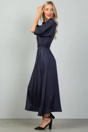 Ladies fashion button down elastic belted maxi dress