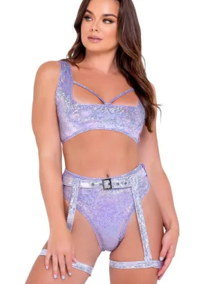 Lavender Shimmer High-Waisted Shorts With Garter Belt