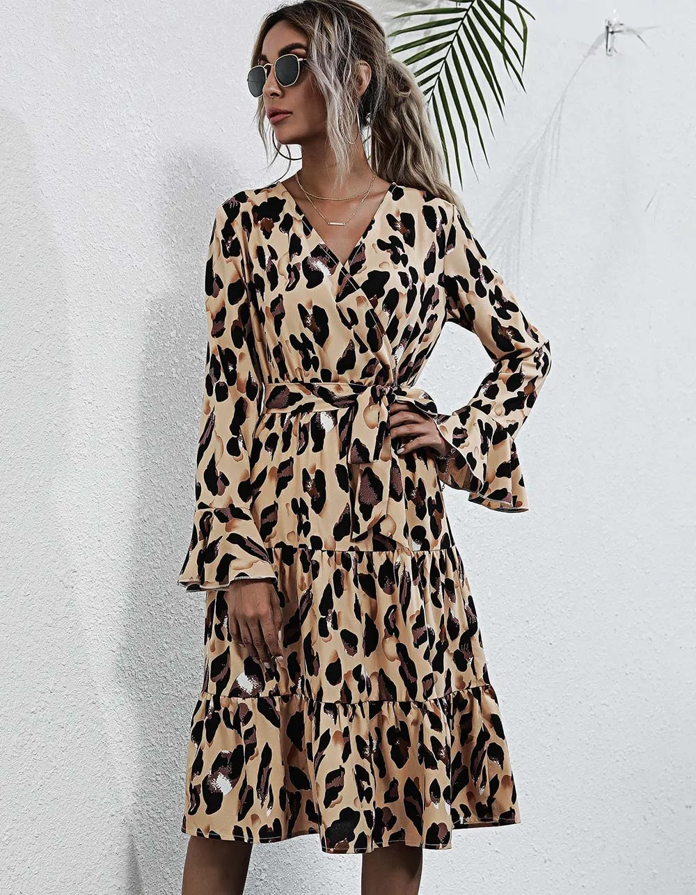 Leopard V Neck Belted Long Sleeve Midi A-Line Dresses