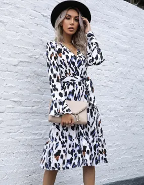 Leopard V Neck Belted Long Sleeve Midi A-Line Dresses