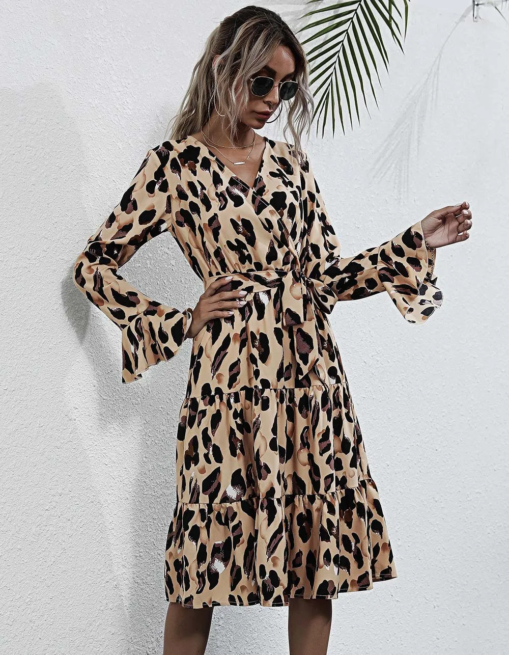 Leopard V Neck Belted Long Sleeve Midi A-Line Dresses