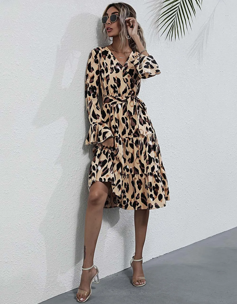 Leopard V Neck Belted Long Sleeve Midi A-Line Dresses