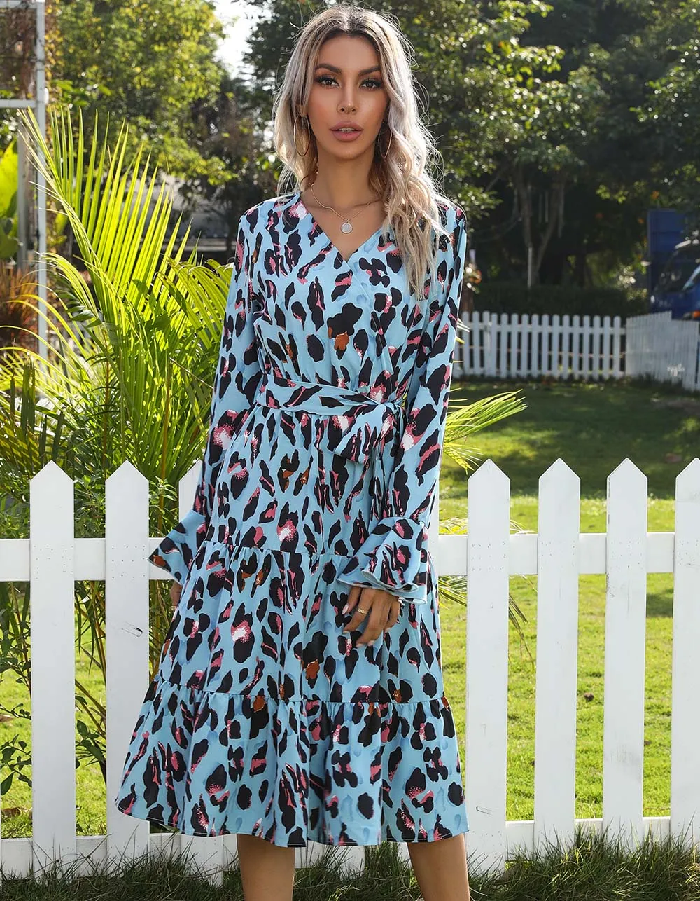 Leopard V Neck Belted Long Sleeve Midi A-Line Dresses