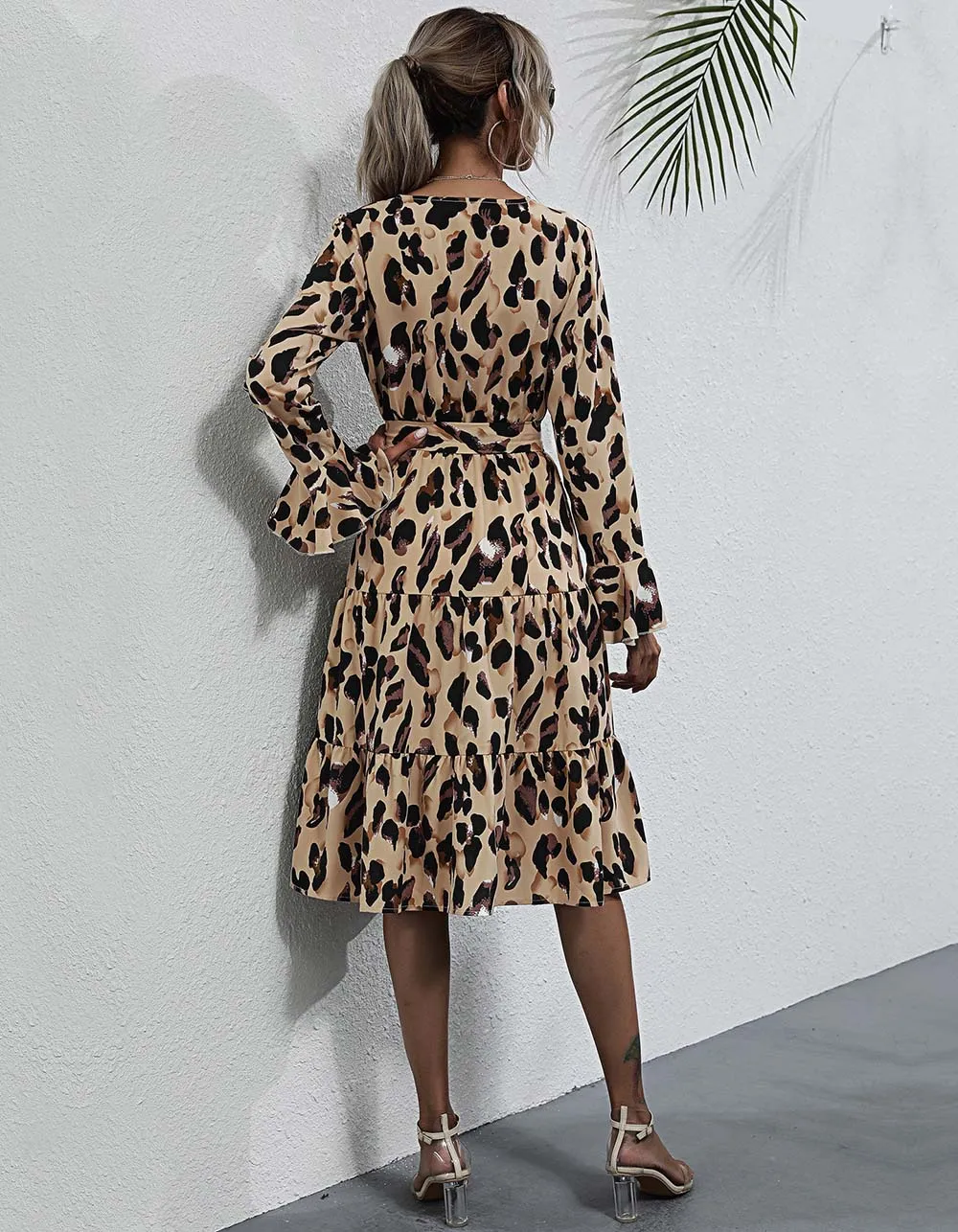 Leopard V Neck Belted Long Sleeve Midi A-Line Dresses