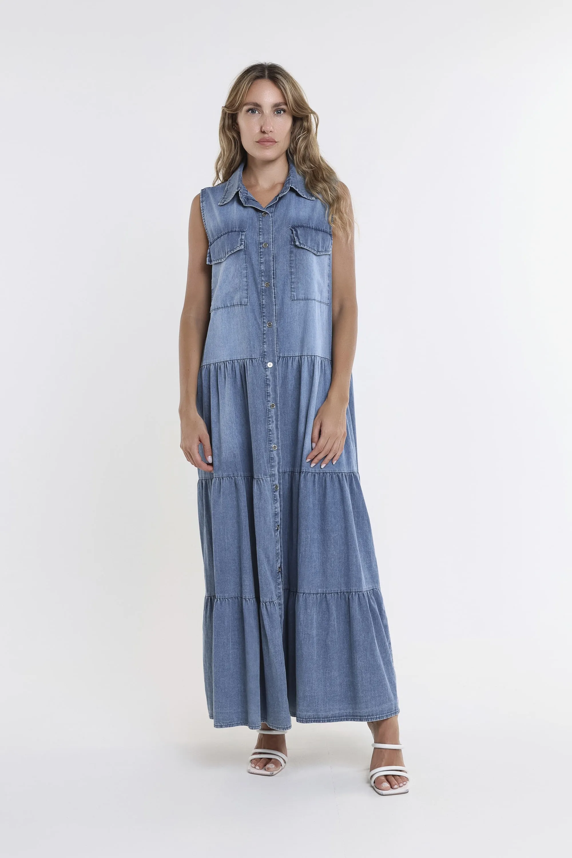 Megan Sleeveless 2-Pocket Tiered Denim Dress (DT126)