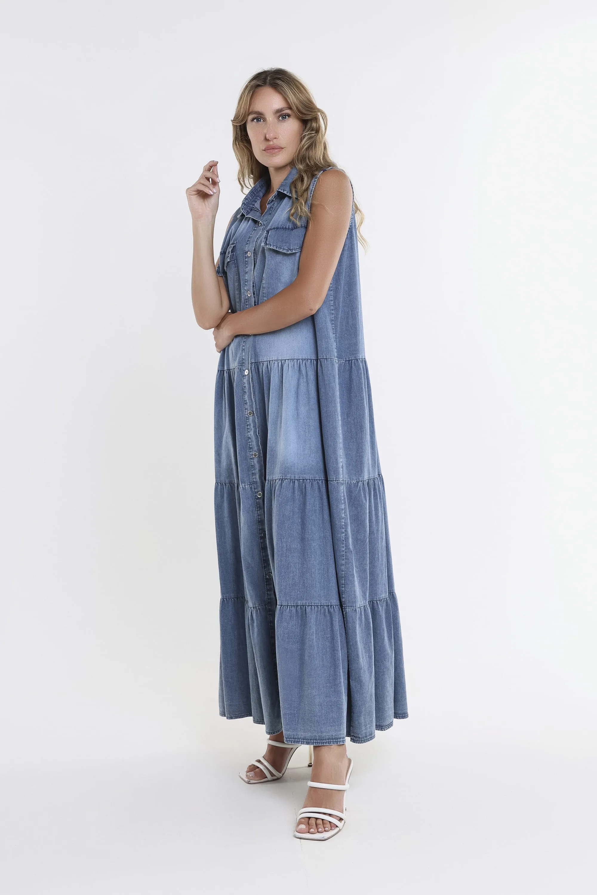 Megan Sleeveless 2-Pocket Tiered Denim Dress (DT126)