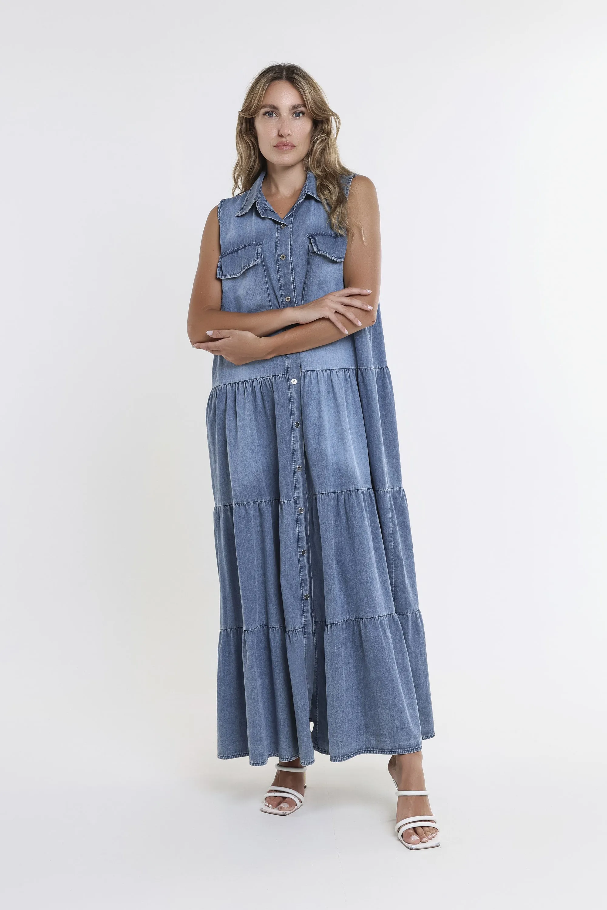 Megan Sleeveless 2-Pocket Tiered Denim Dress (DT126)