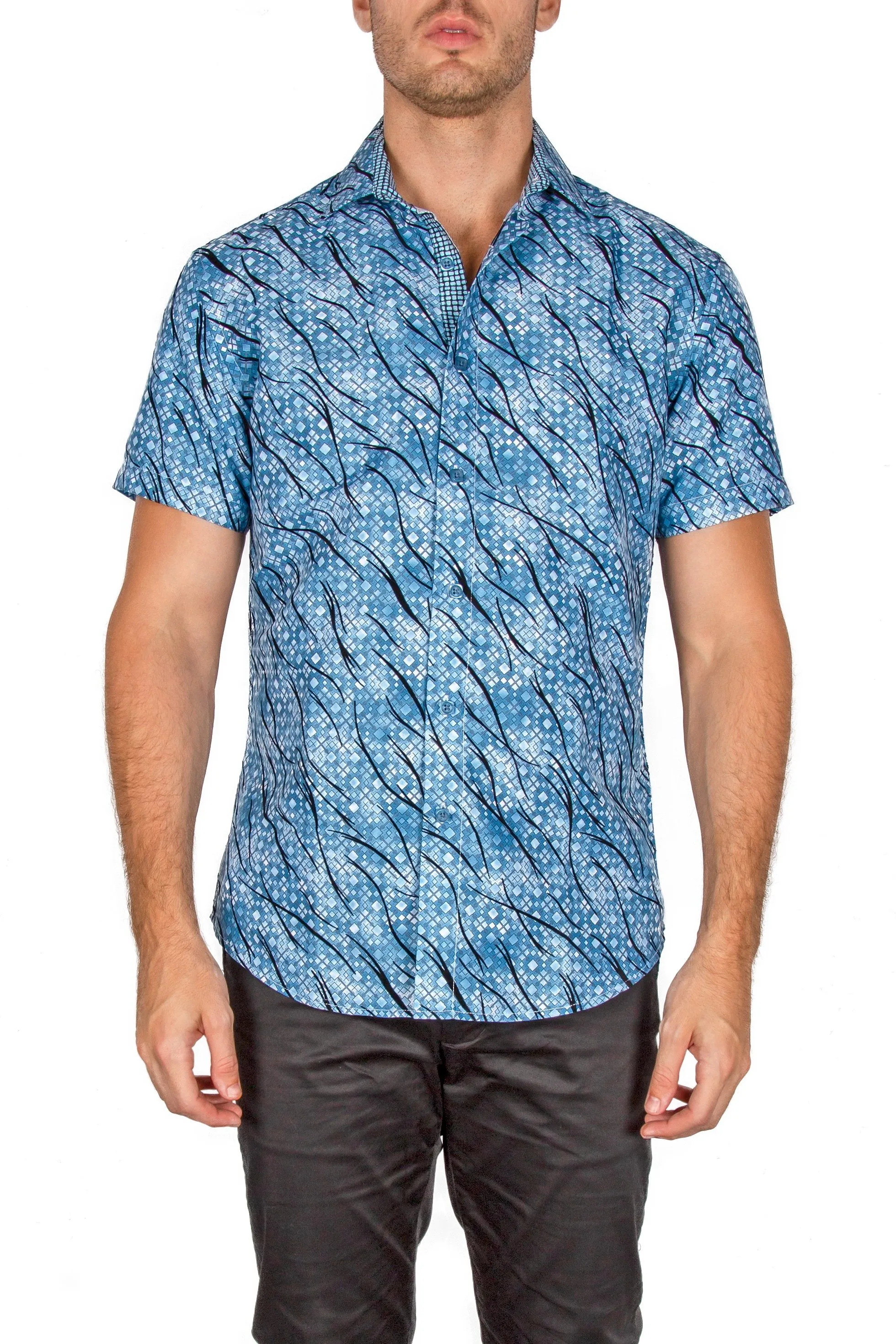 Men's Blue Patterned Short Sleeve Button Up