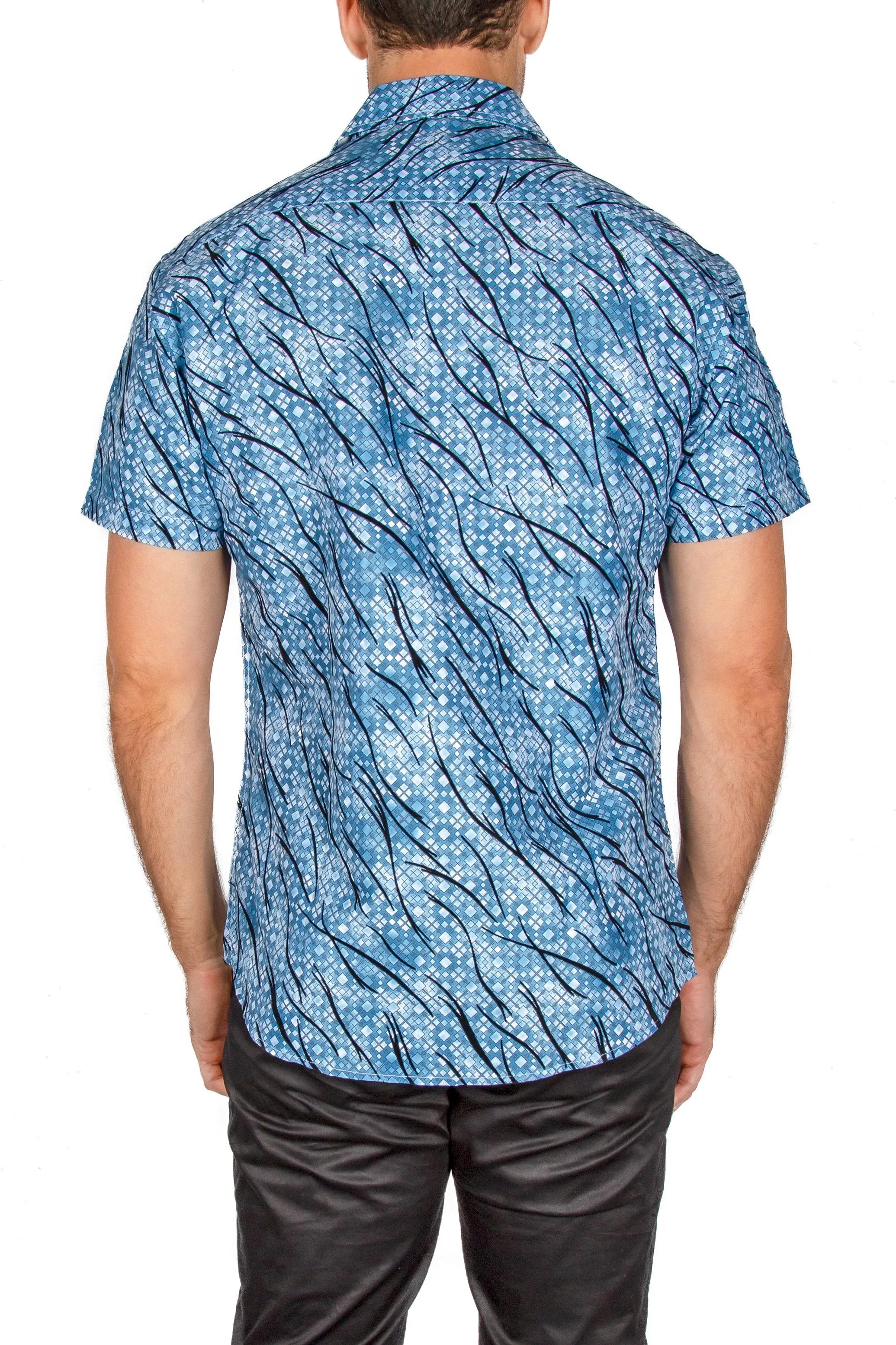 Men's Blue Patterned Short Sleeve Button Up