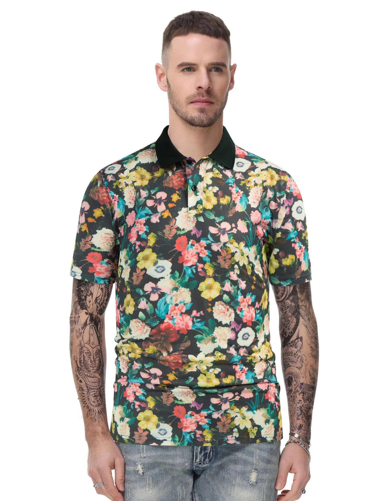 Mens Flower Polo Shirts Vintage Print Casual Tee Pullover Shirts for Summer