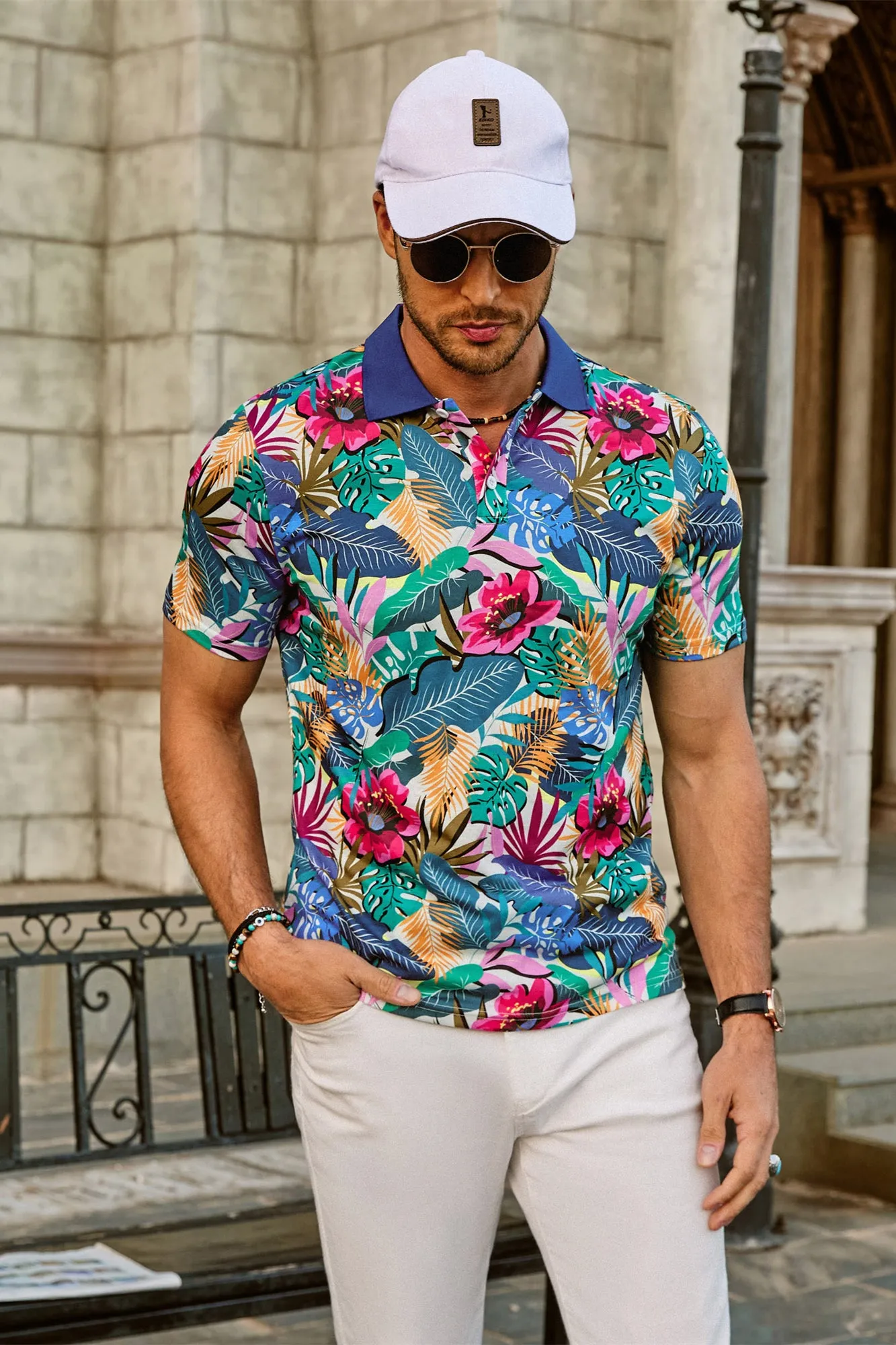 Mens Flower Polo Shirts Vintage Print Casual Tee Pullover Shirts for Summer