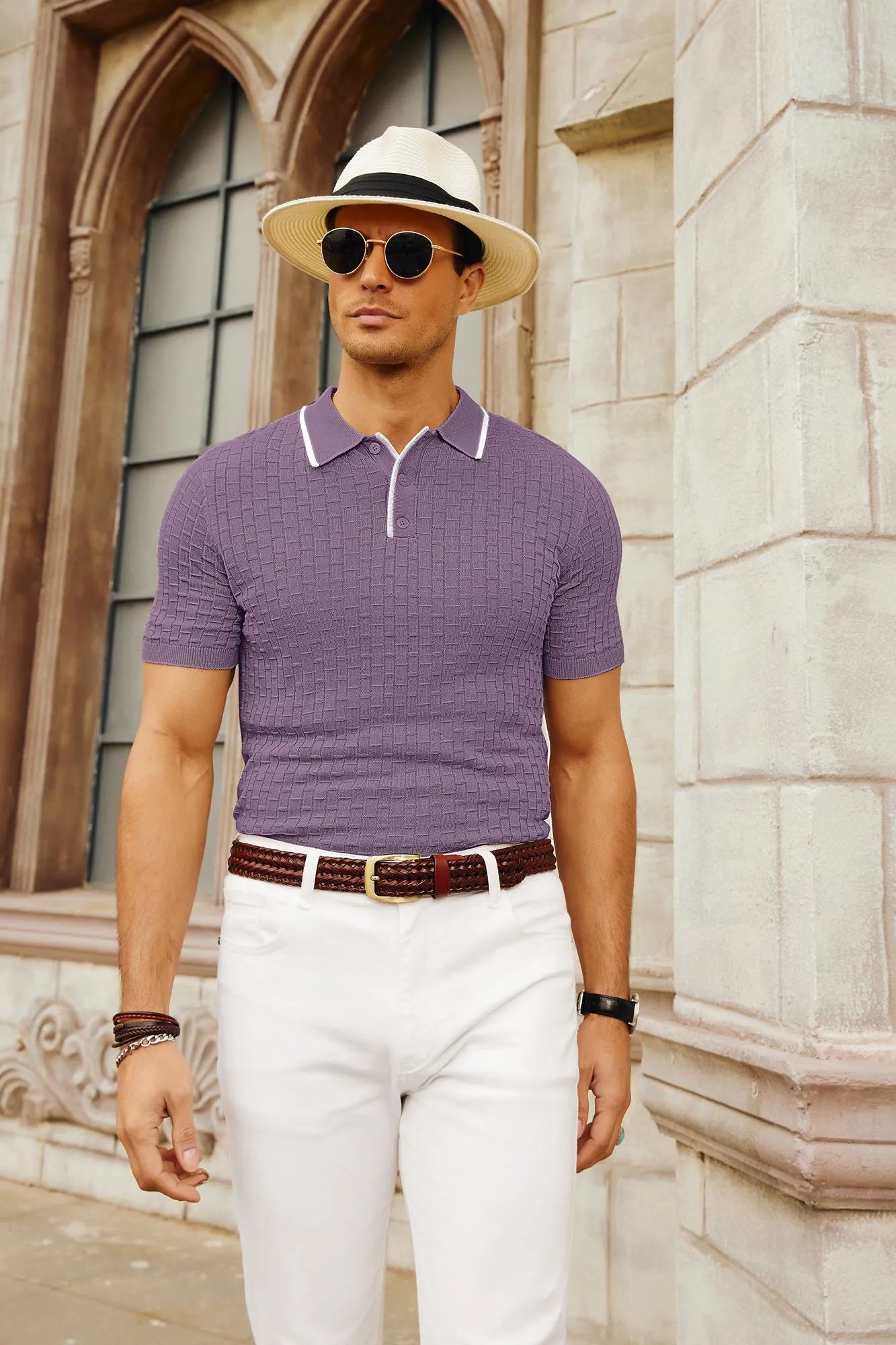 Mens Knitted Polo Shirts Short Sleeve Texture Golf Polo Pullover Shirts Casual Breathable Polo Shirts