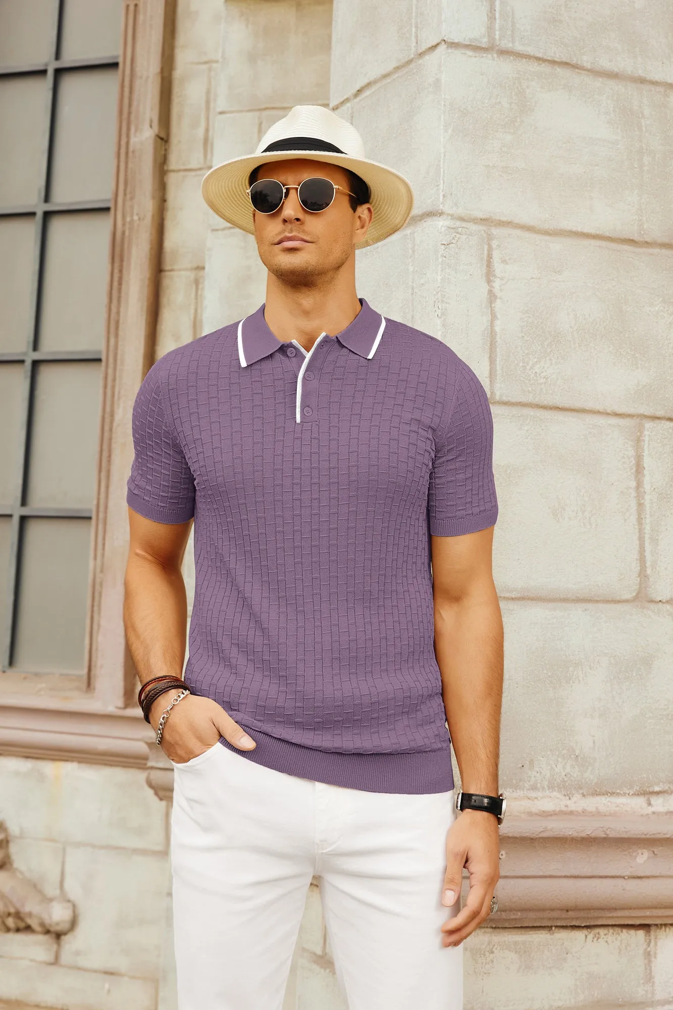 Mens Knitted Polo Shirts Short Sleeve Texture Golf Polo Pullover Shirts Casual Breathable Polo Shirts