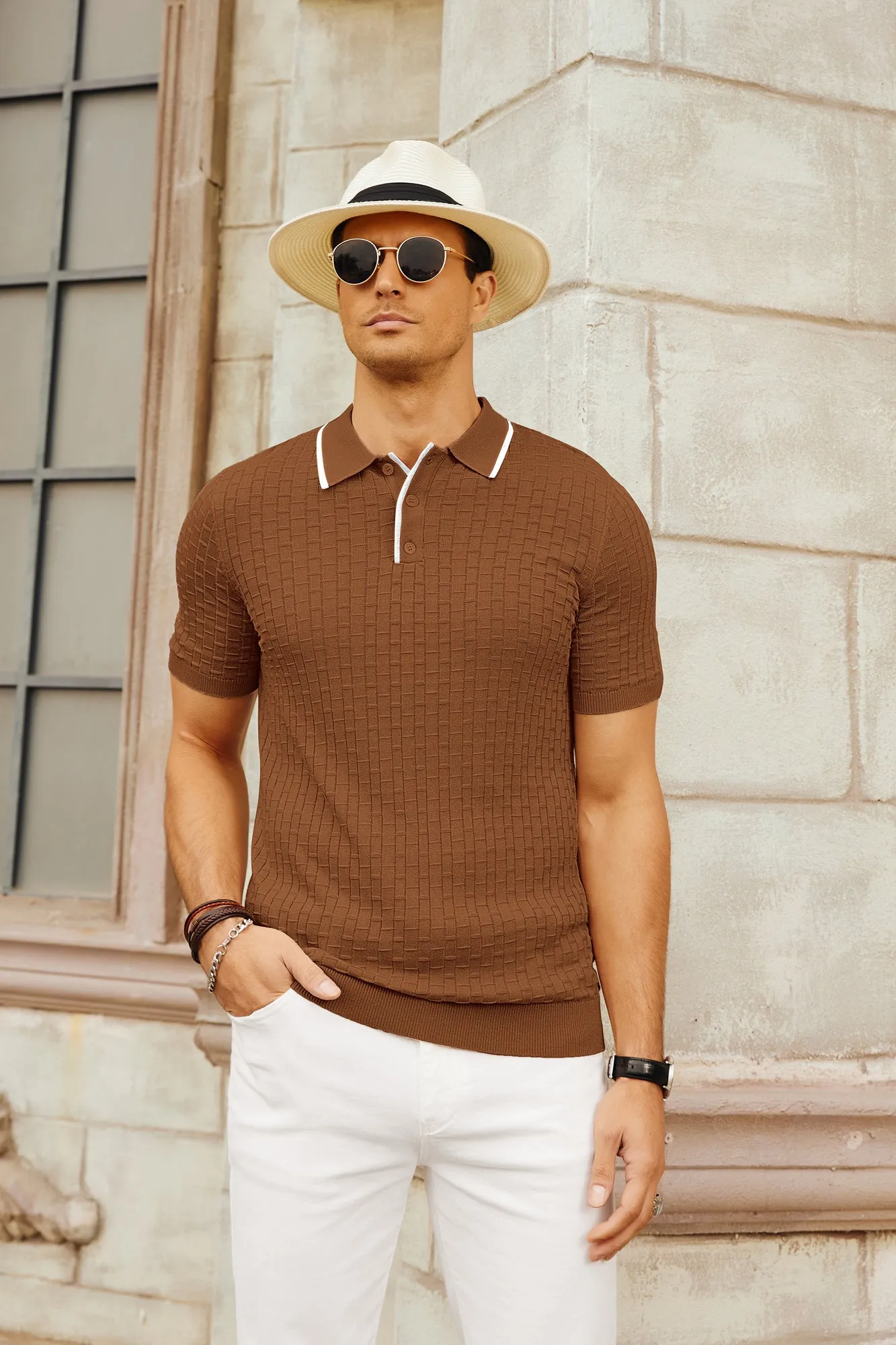 Mens Knitted Polo Shirts Short Sleeve Texture Golf Polo Pullover Shirts Casual Breathable Polo Shirts