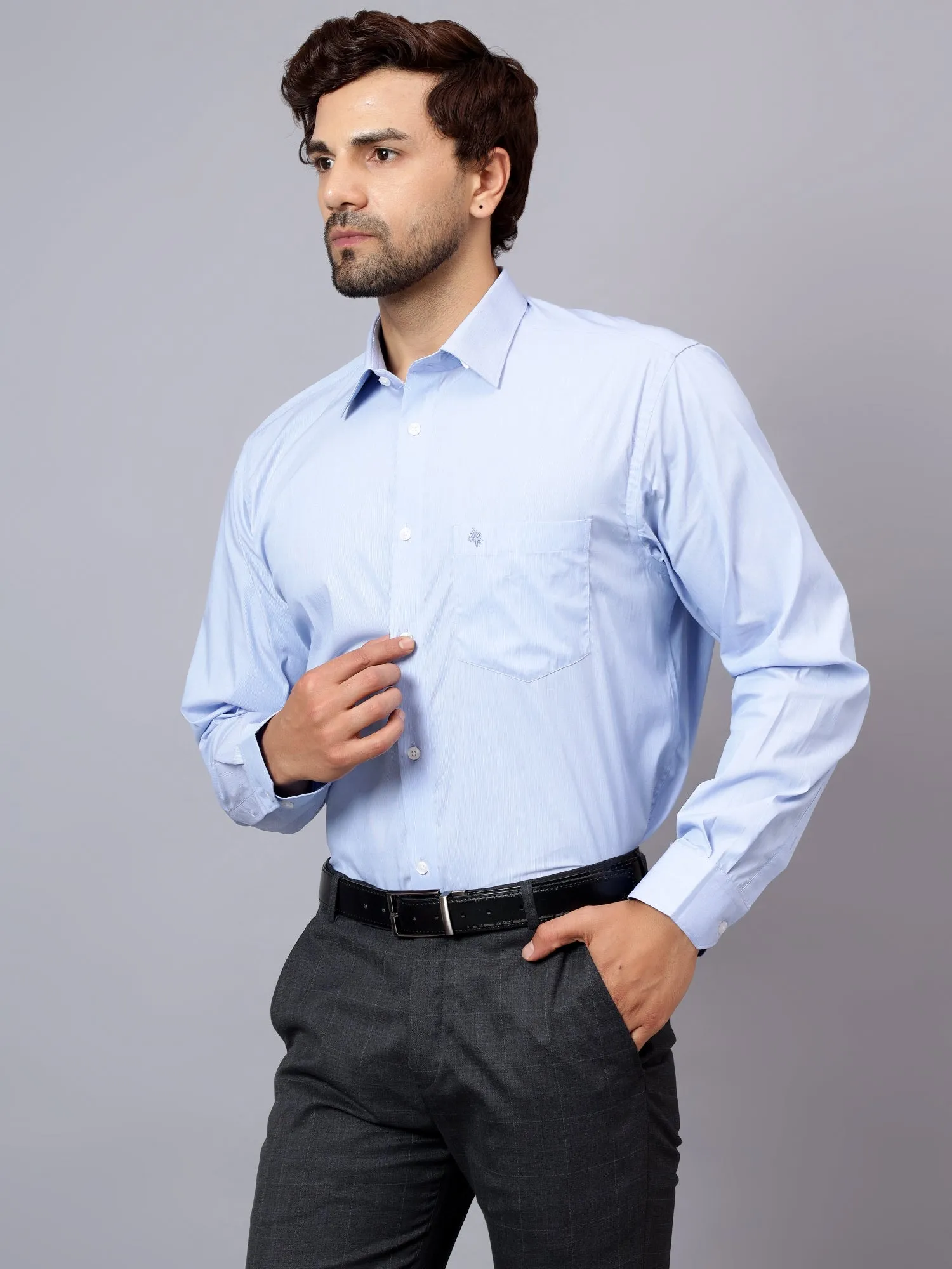 Men's Sky Blue Formal Pin Stripe Full Sleeve Shirt