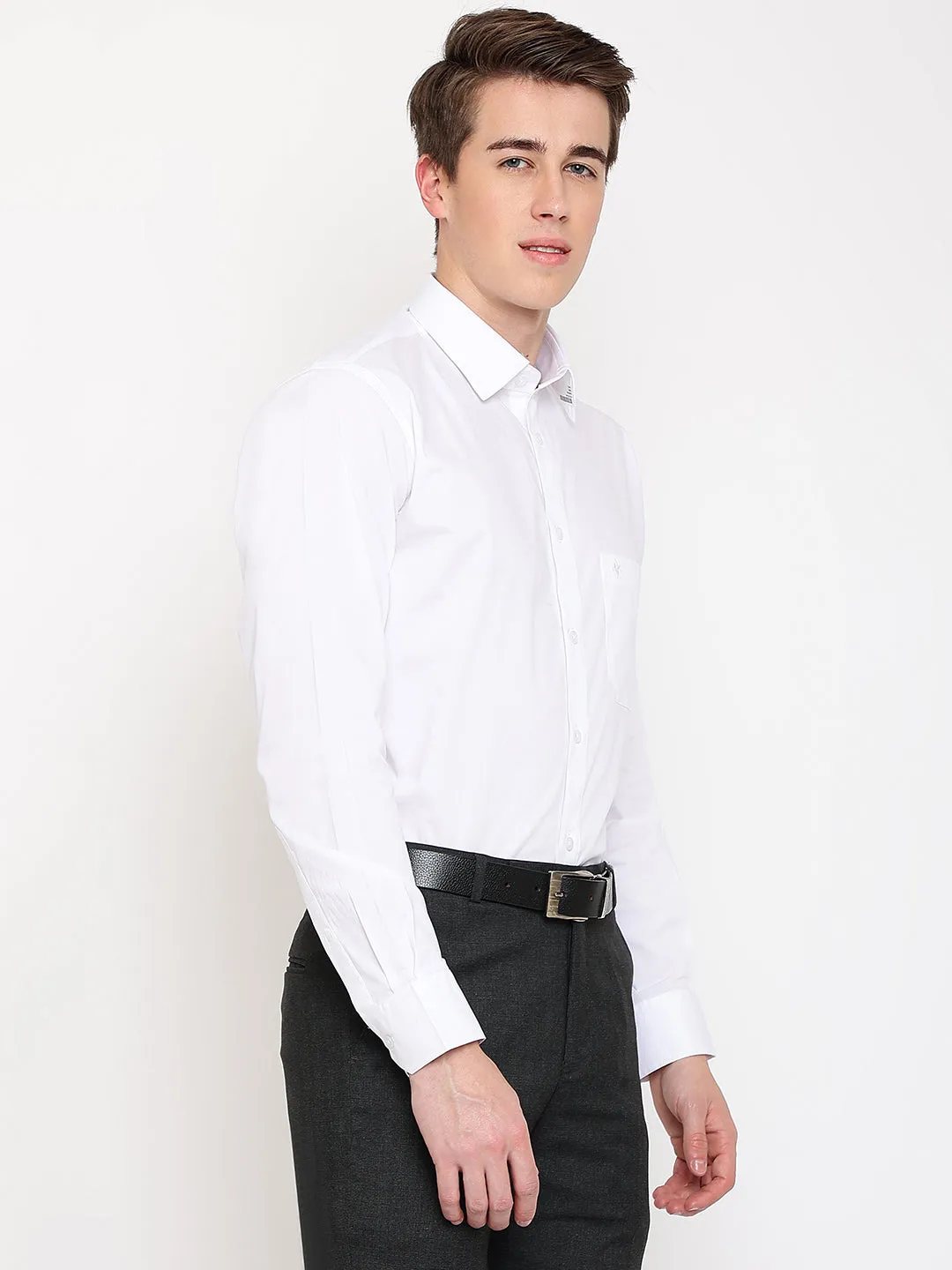 Men's White Formal Plain Stretch Full Sleeve Shirt