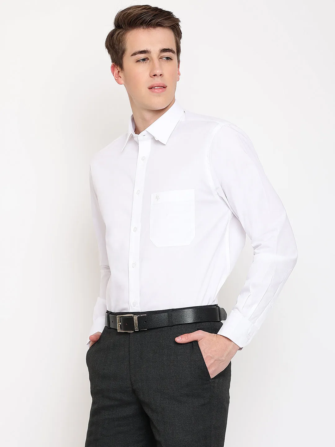 Men's White Formal Plain Stretch Full Sleeve Shirt