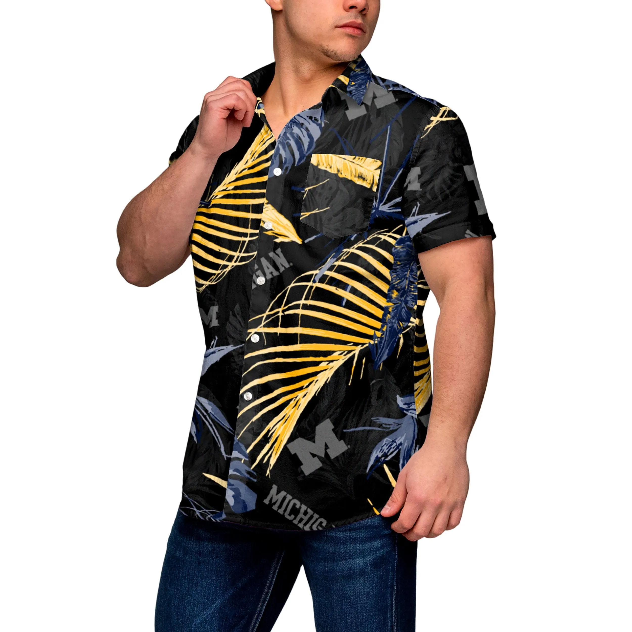 Michigan Wolverines NCAA Mens Neon Palm Button Up Shirt