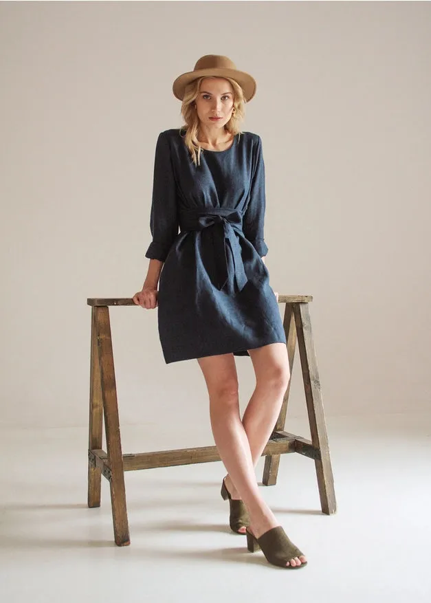 Navy Blue Linen Dress For Women Midi, Belted Dress