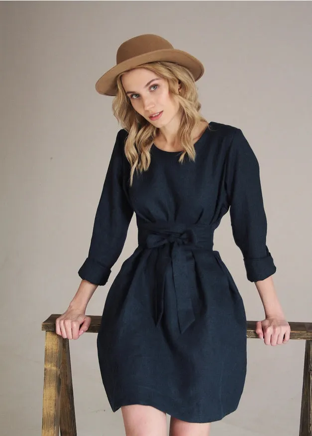 Navy Blue Linen Dress For Women Midi, Belted Dress