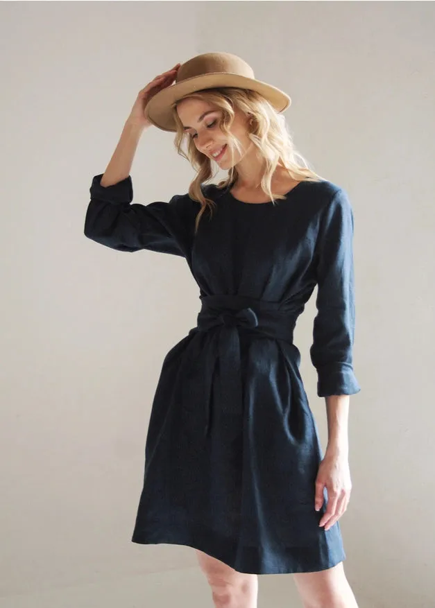 Navy Blue Linen Dress For Women Midi, Belted Dress