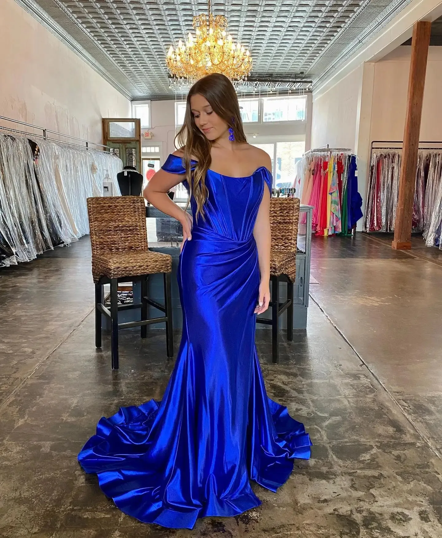 Off the Shoulder Royal Blue Prom Dress with Train