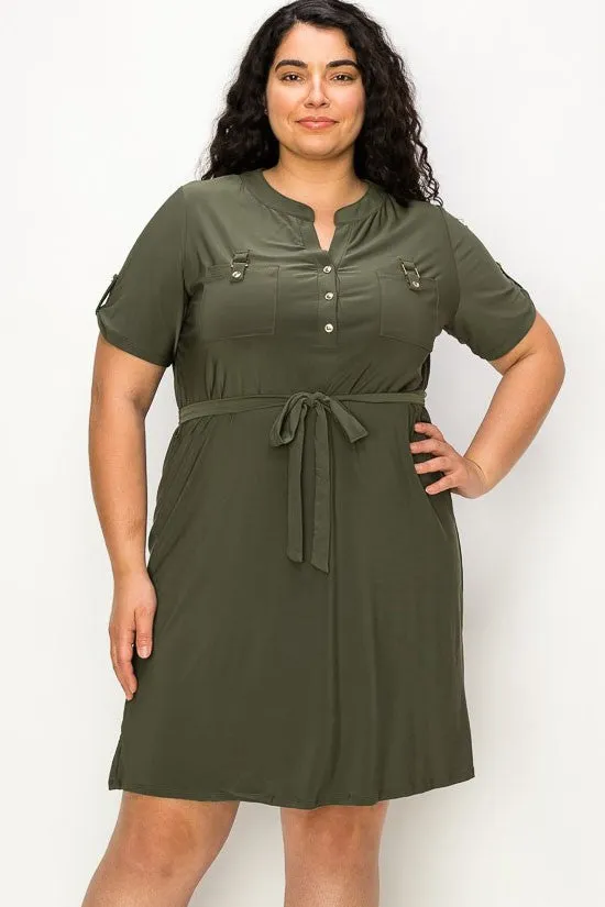 Perseption Half Placket Front Belted Waist Utility Dress