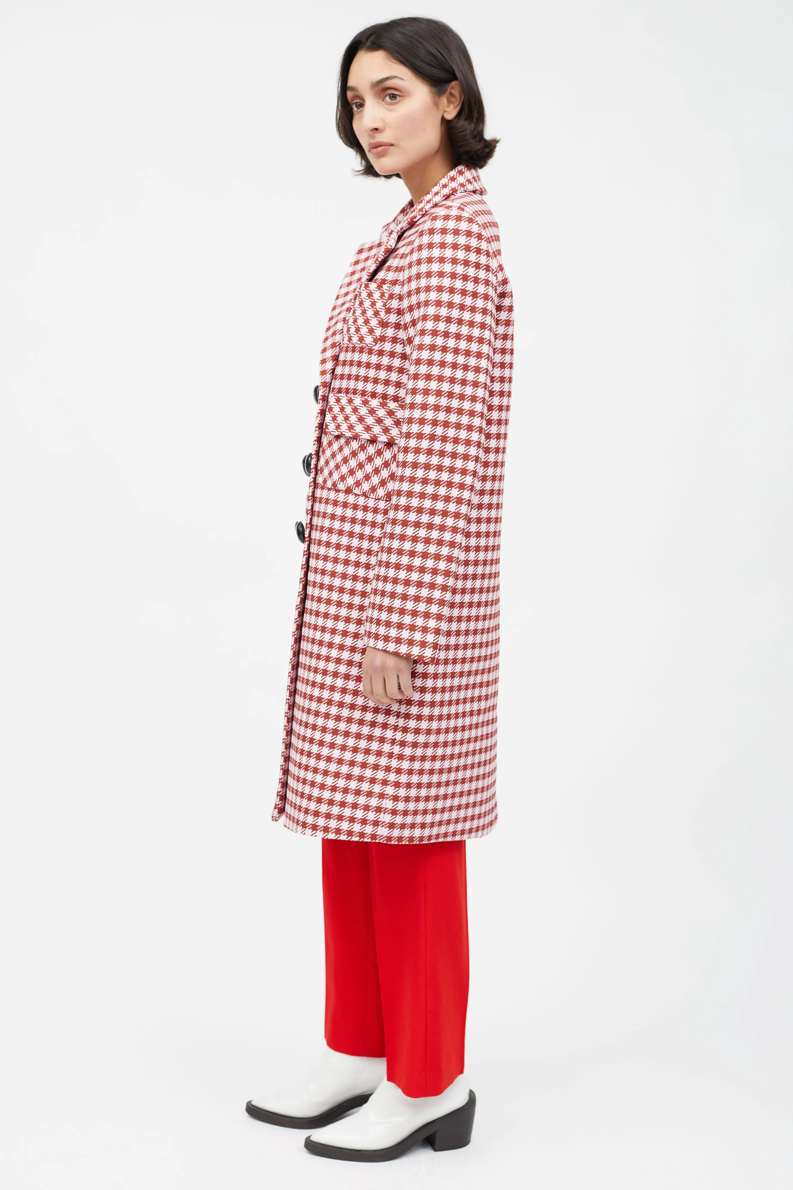 Pink & Red Houndstooth Double Breasted Coat