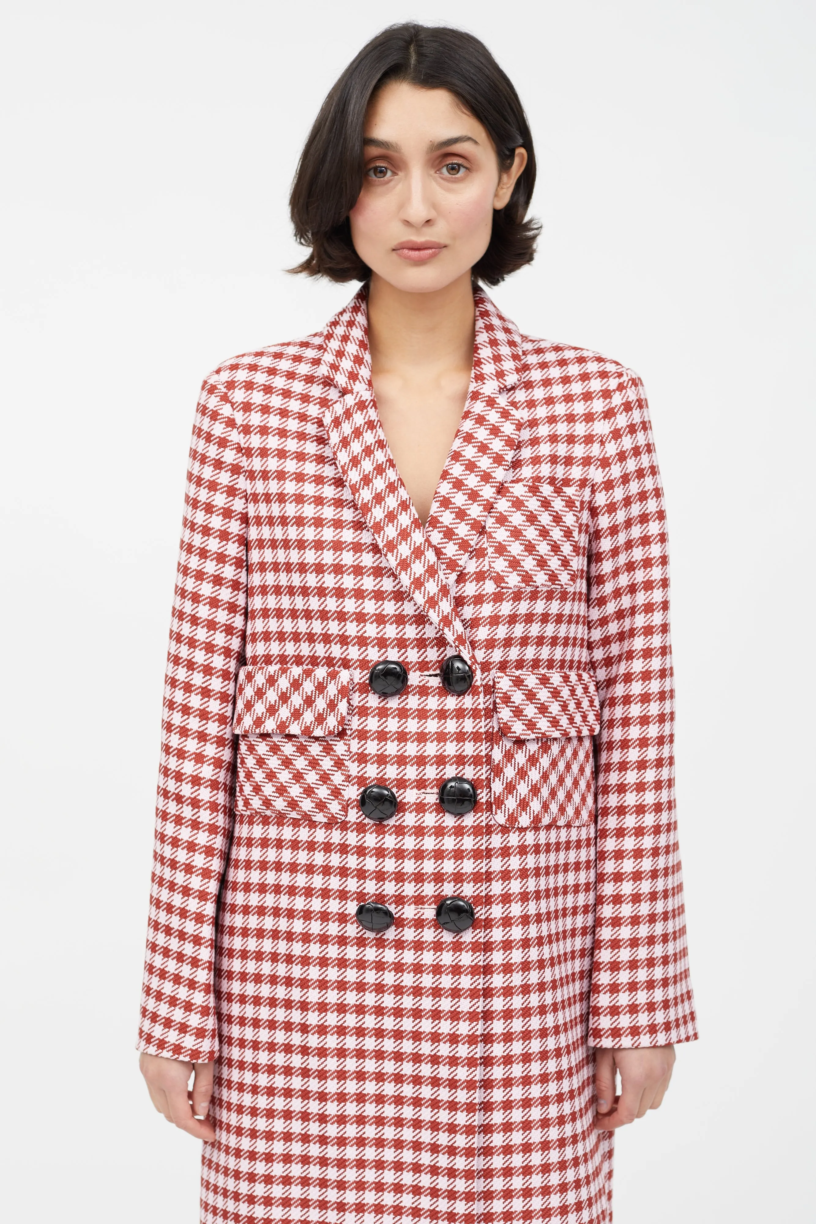 Pink & Red Houndstooth Double Breasted Coat