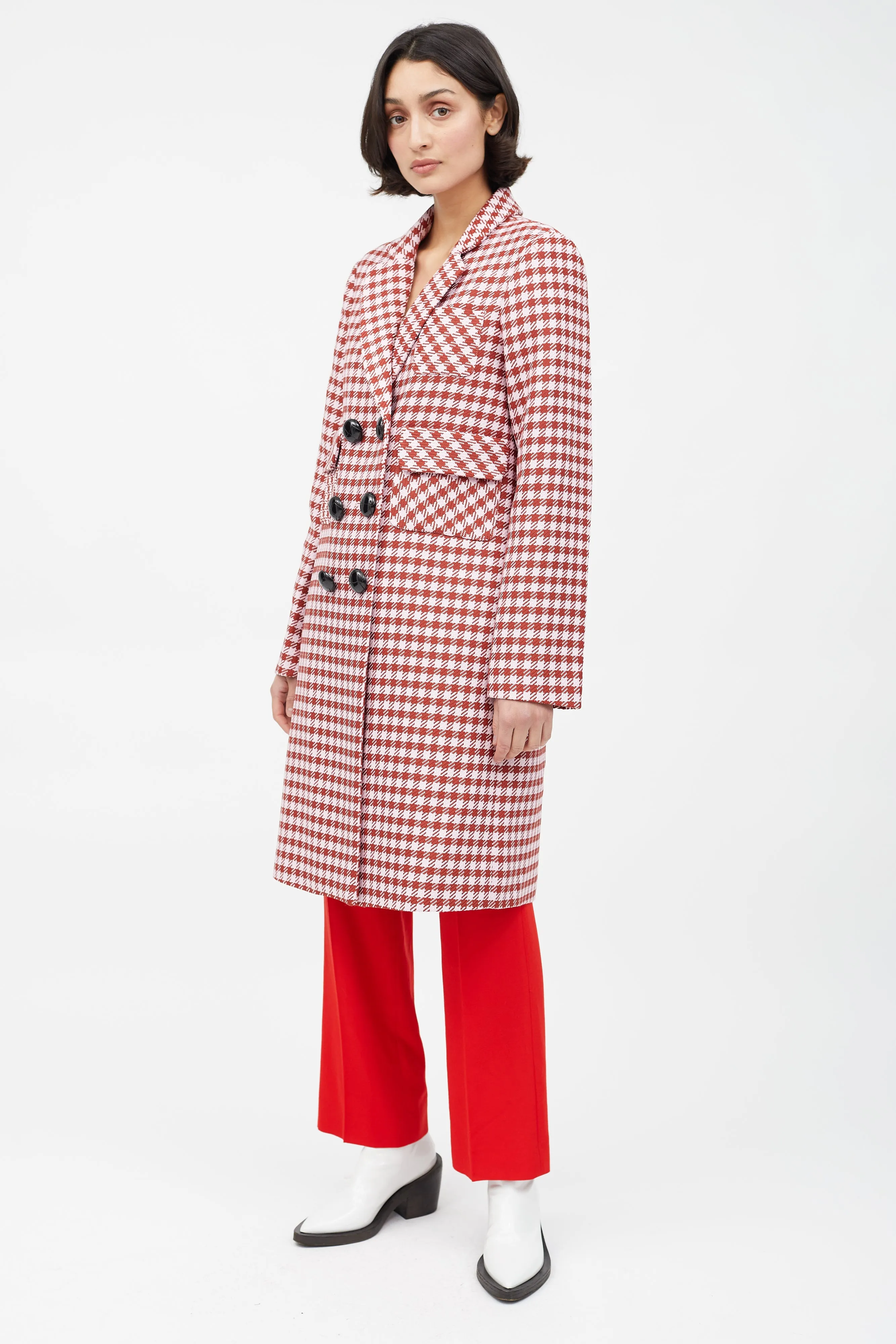 Pink & Red Houndstooth Double Breasted Coat