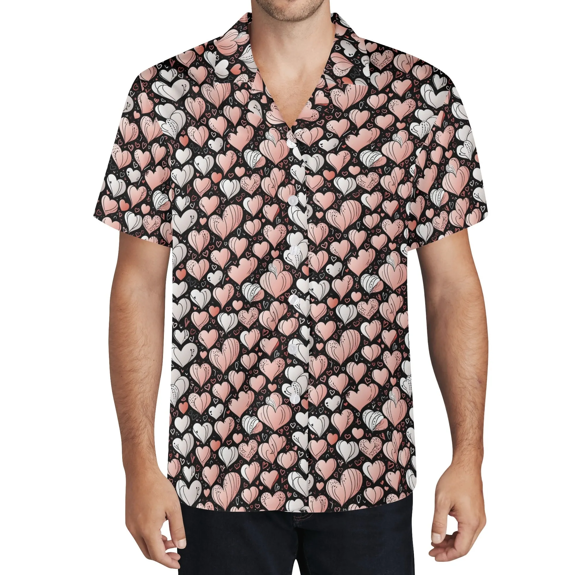 Pink Hearts Mens Casual Hawaiian Shirt