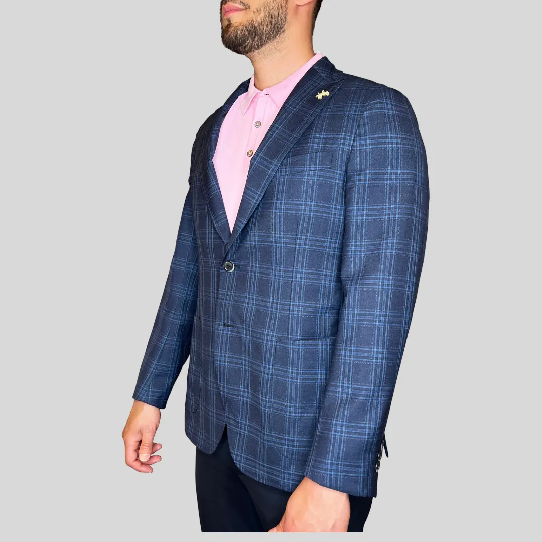 Plaid Check Patch Pocket Blazer - Navy