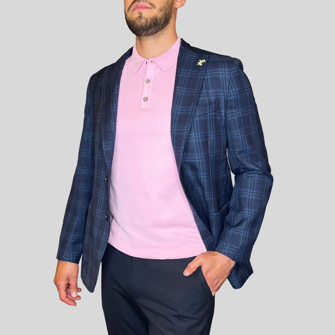 Plaid Check Patch Pocket Blazer - Navy