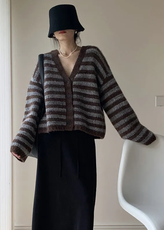 Plus Size Coffee Striped Button Knit Knit Cardigans Coats Fall