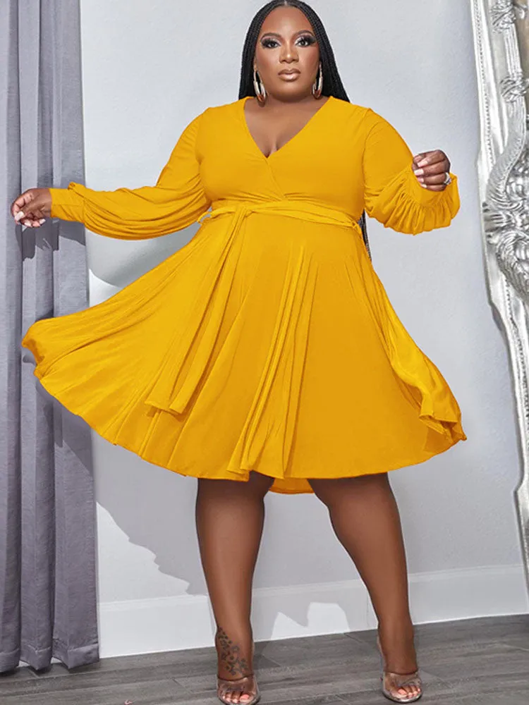 Plus Size Long Sleeve Belted Midi Dresses