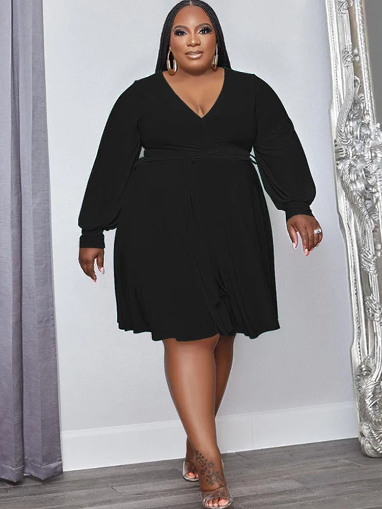 Plus Size Long Sleeve Belted Midi Dresses