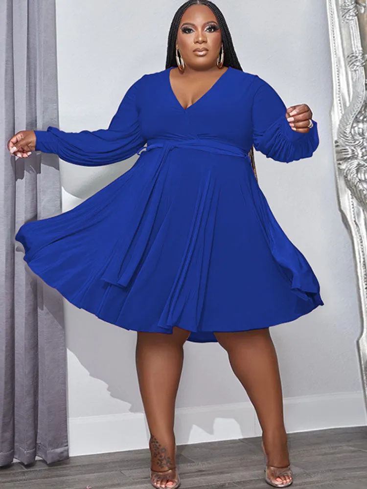 Plus Size Long Sleeve Belted Midi Dresses