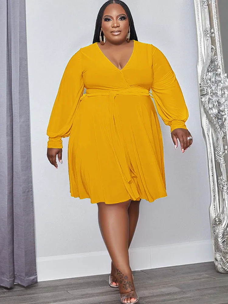 Plus Size Long Sleeve Belted Midi Dresses