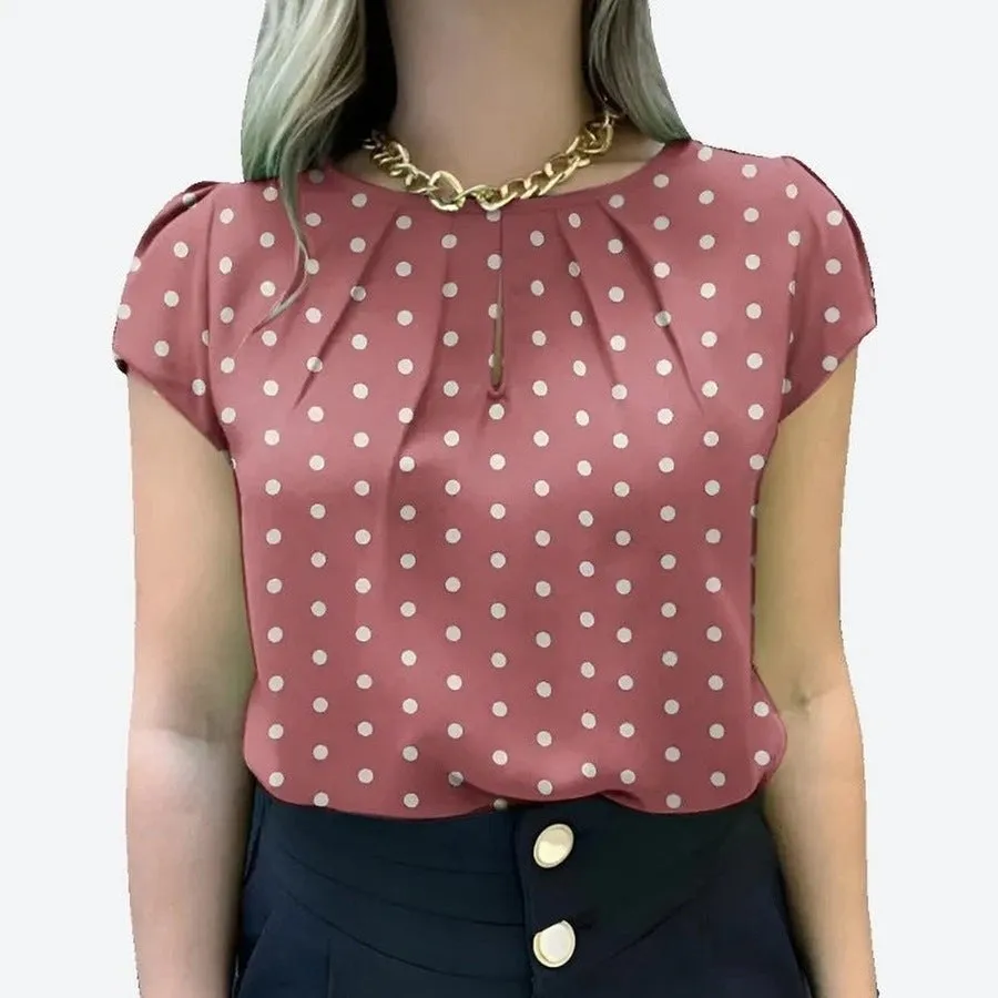 Polka Dot Pleated Cap Sleeve Blouses