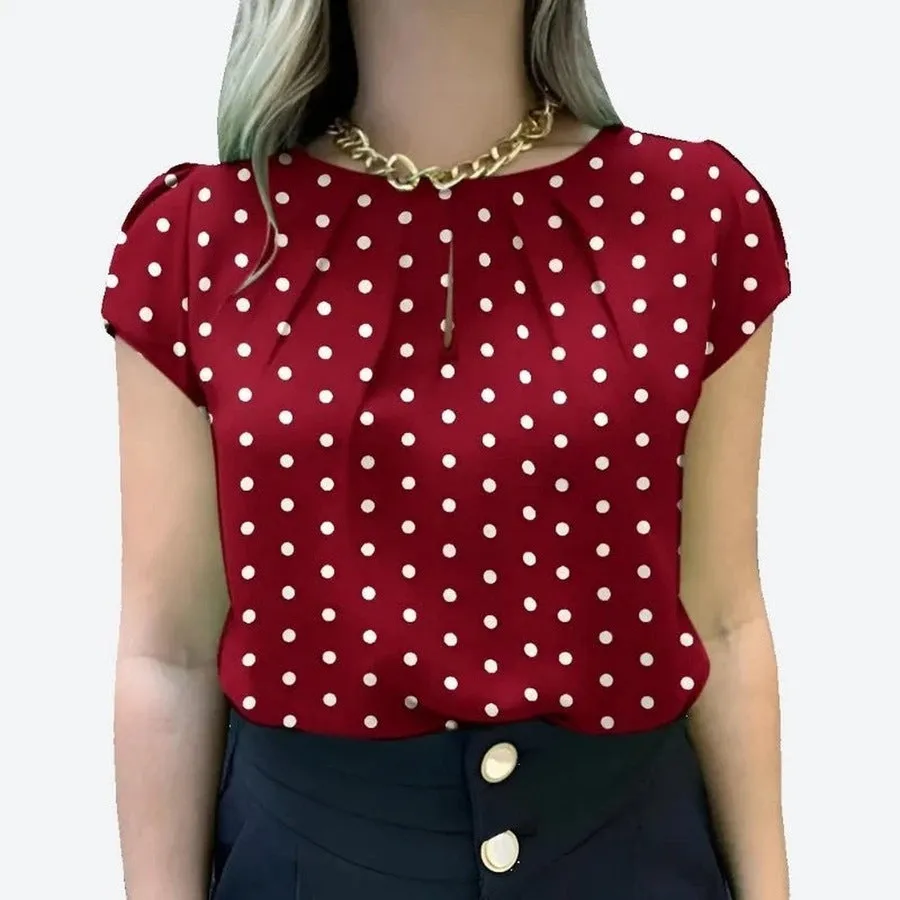 Polka Dot Pleated Cap Sleeve Blouses