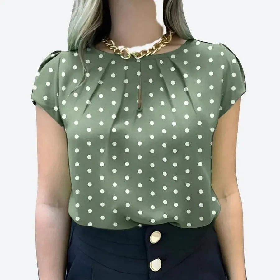 Polka Dot Pleated Cap Sleeve Blouses