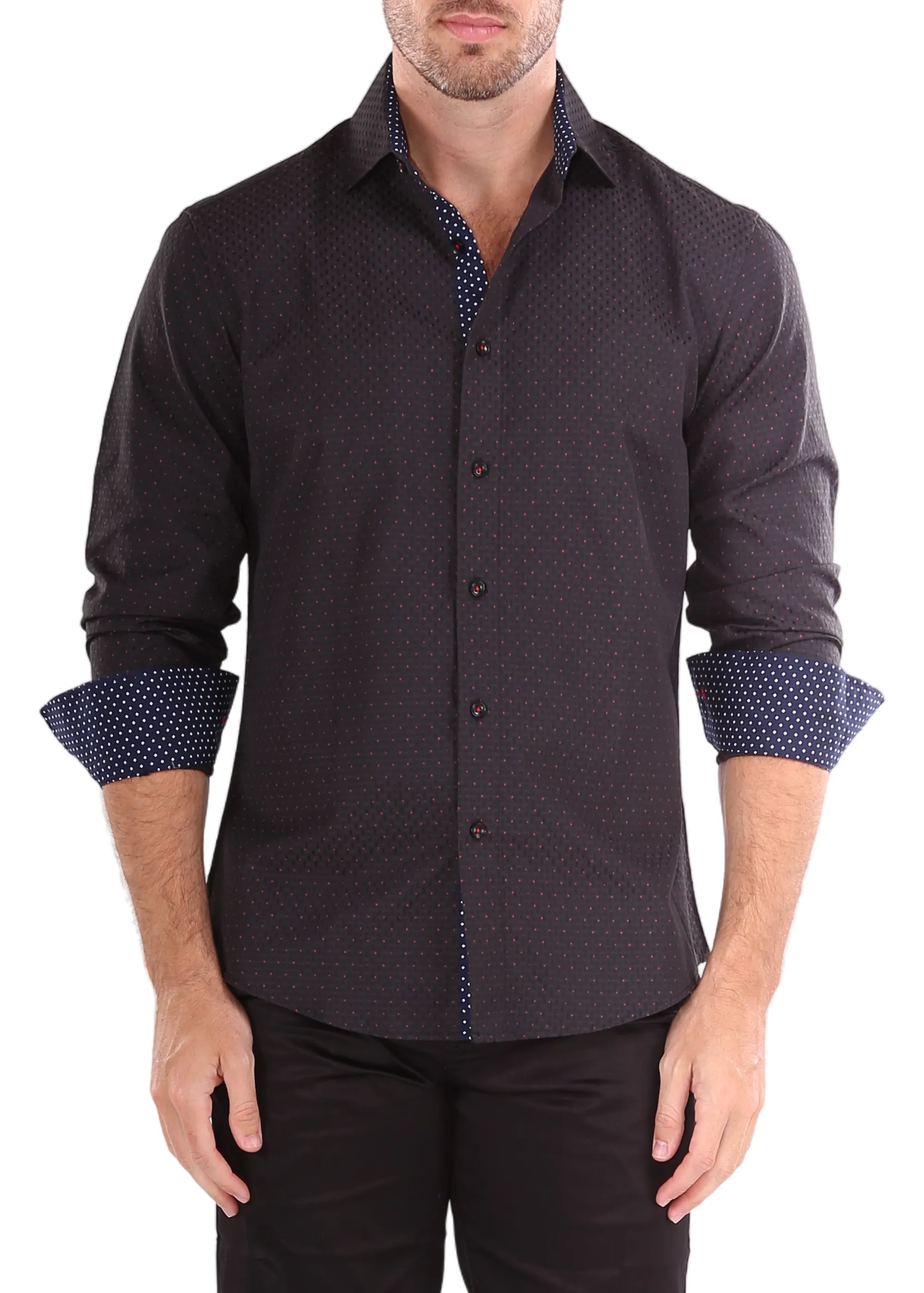 Polka Dot Stitched Texture Button Up Long Sleeve Dress Shirt Black