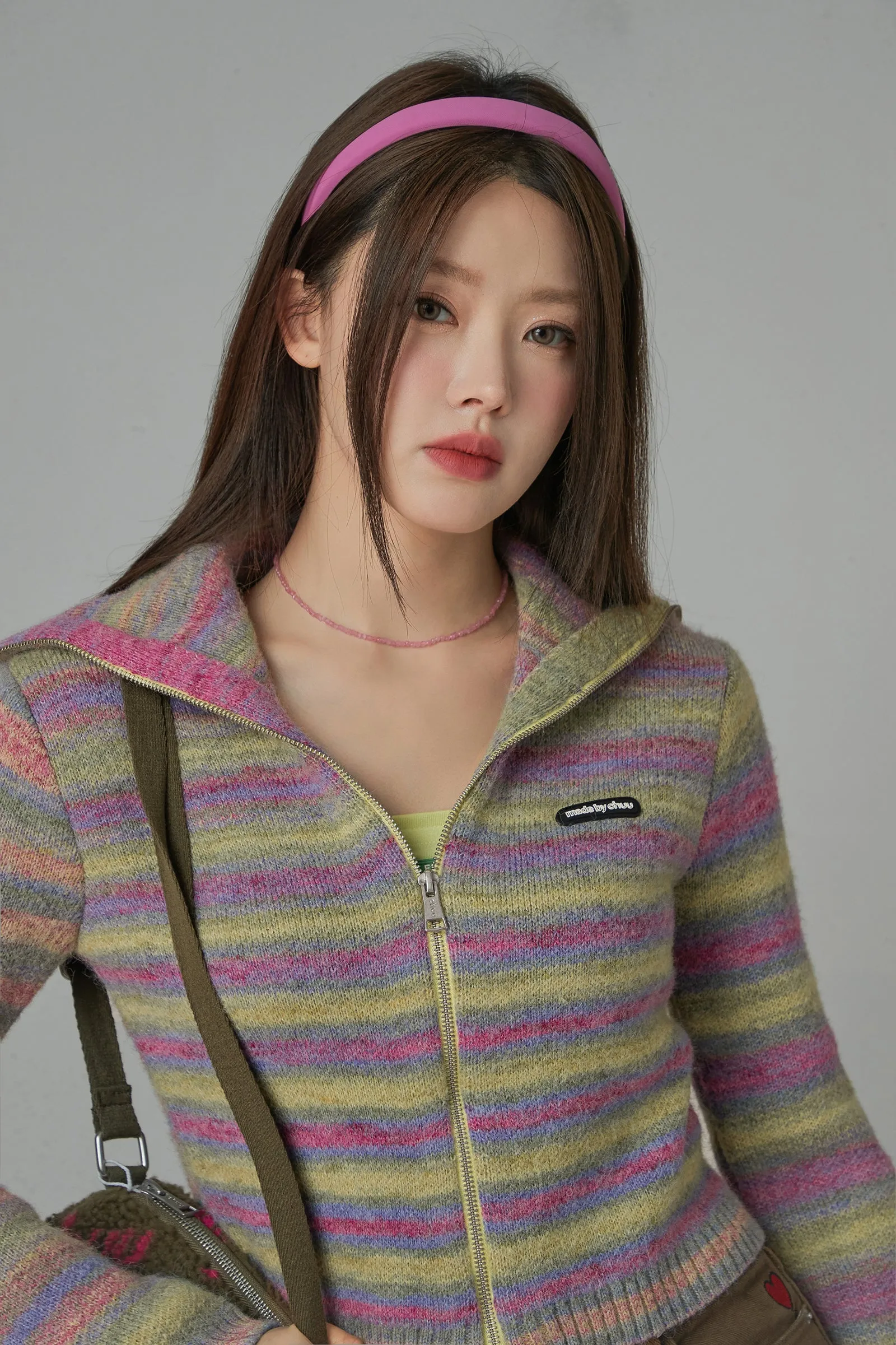 Rainbow Striped Zip-Up Knit Cardigan