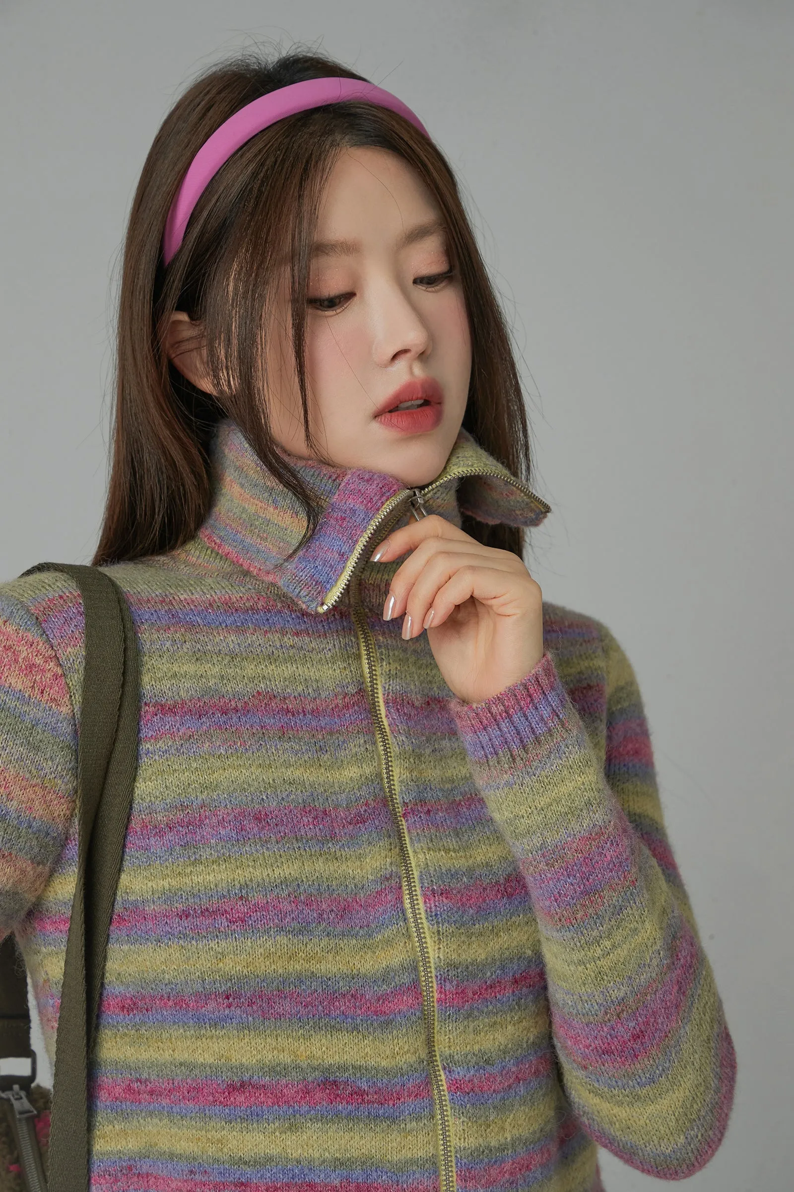 Rainbow Striped Zip-Up Knit Cardigan