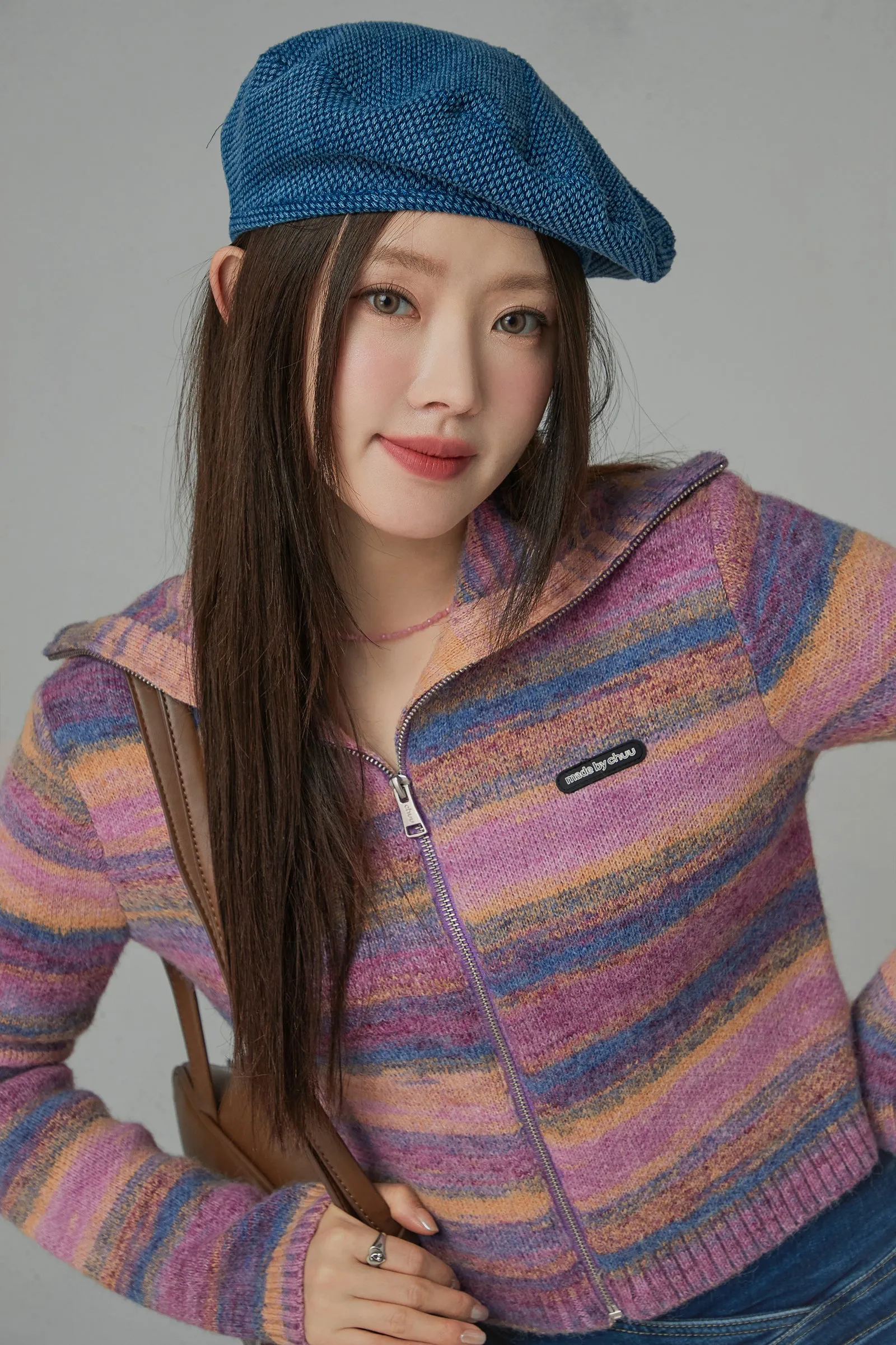 Rainbow Striped Zip-Up Knit Cardigan